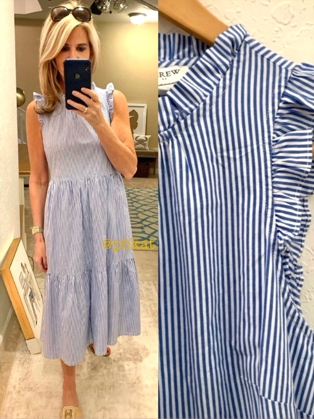 JCrew Blue White Pin Striped Ruffle Cotton sleeveless Summer Maxi Dress